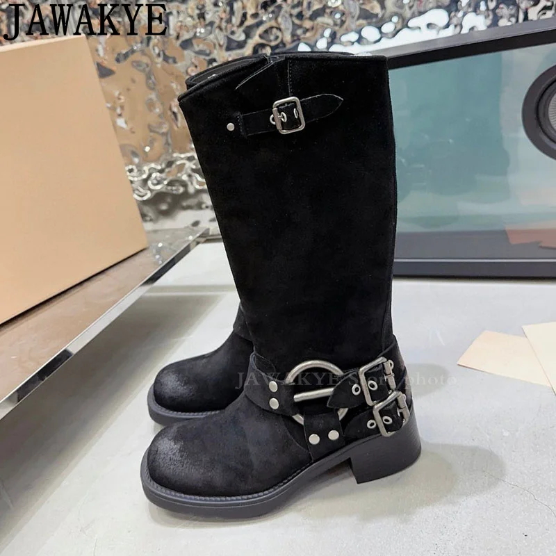 Real Leather Knee High Boots Women Round Toe Buckle Designer Knight Boots Autumn Winter Luxury Runway Fashion Week Boots femina