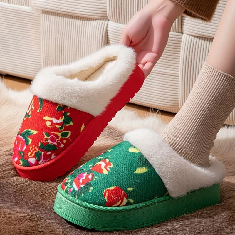 Red Floral Plush Slippers Women Men Winter Warm Furry Indoor Home Couple Cotton Shoes Festive Holiday Non Slip Soft Sole