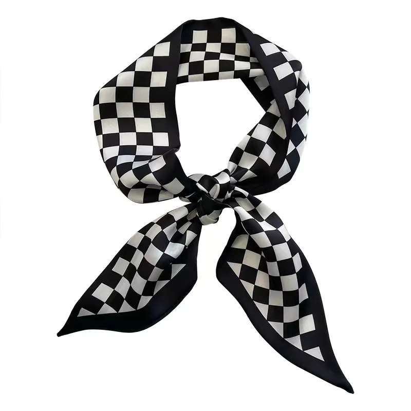 Korean version of black silk scarf headband, women\'s satin headdress, niche streamer, houndstooth flower hair ornament