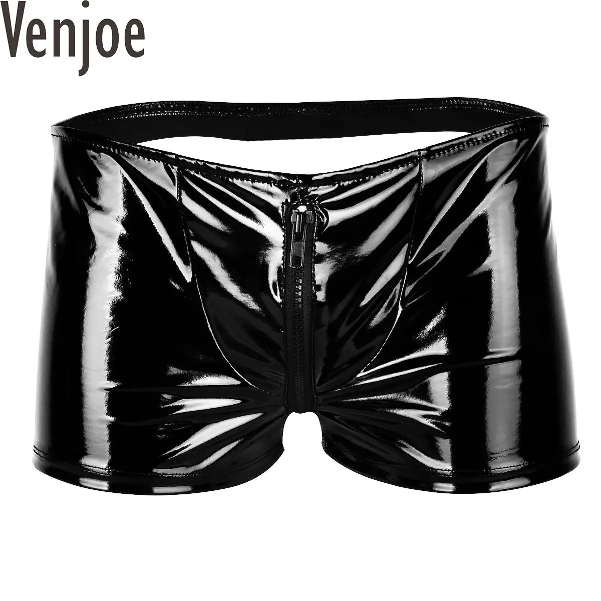 

Mens Lingerie Shiny Metallic Patent Leather Zipper Bulge Pouch Underwear Wet Look Open Butt Boxer Briefs Latex Panties Clubwear