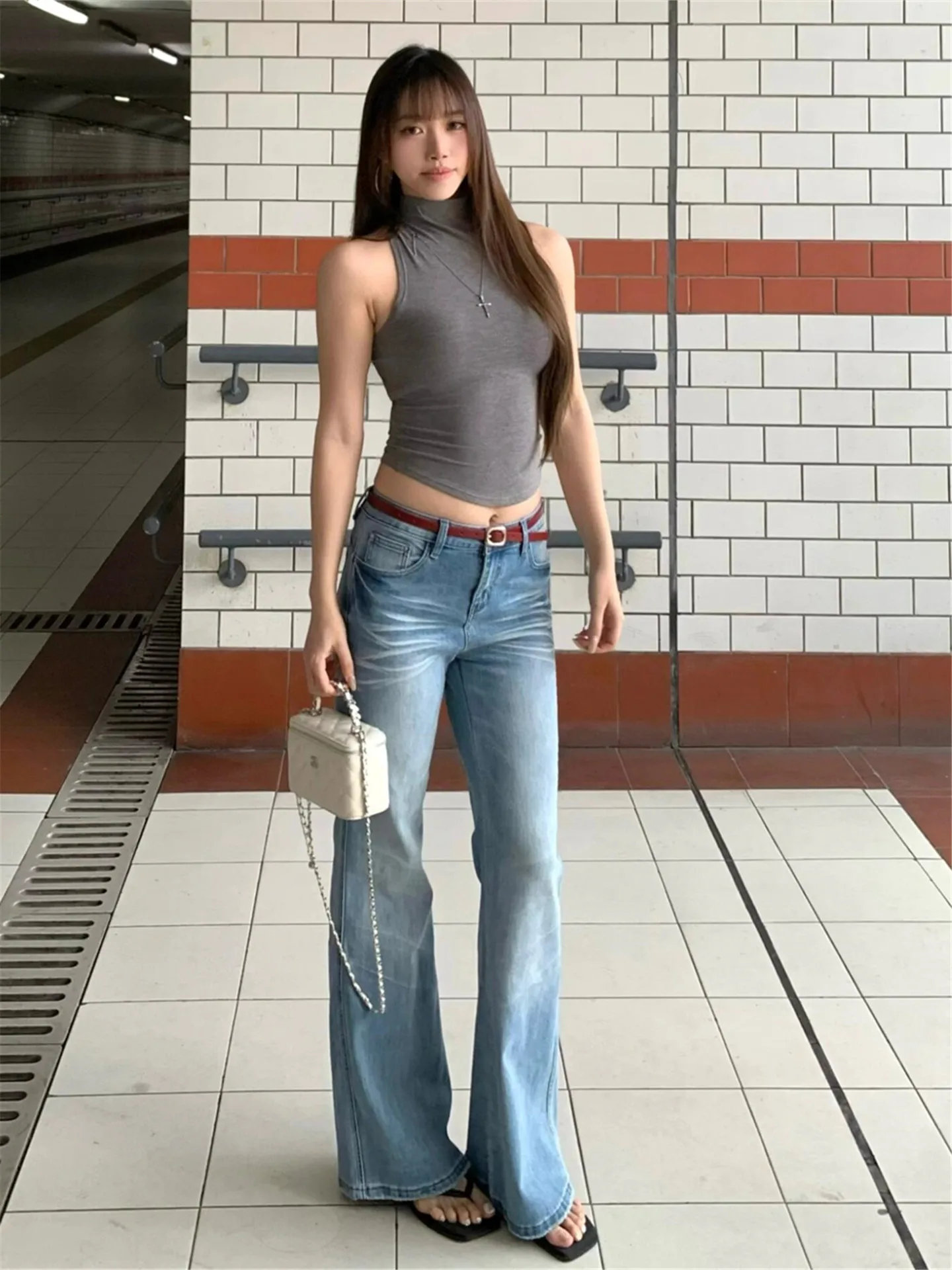 

Retro American Blue Low Waist Bell Bottom Jeans Women's Summer Slimming Washed Scratchy Casual Cotton Denim Skinnies
