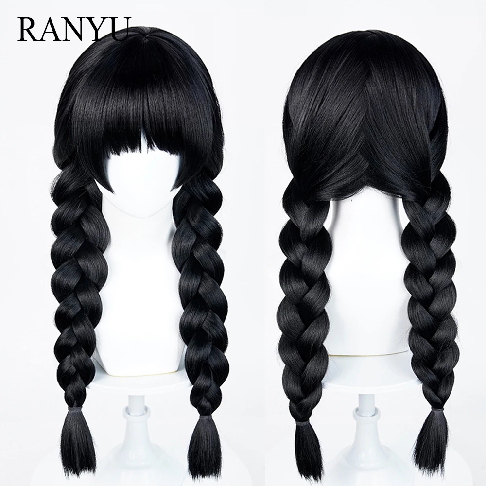 

Черные длинные прямые синтетические двойные плетеные парики с челкой, аниме-игра, пушистый парик для косплея для повседневной вечеринки