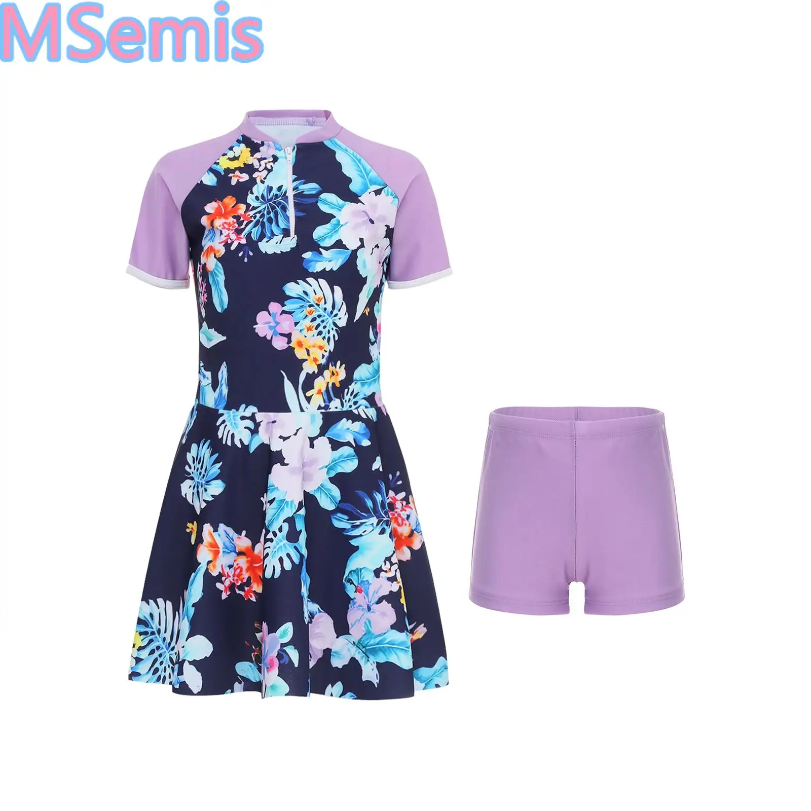 

Print Swimwear Set for Kids Girls Short Sleeve Print Swim Dress with Shorts Swimming Suit Pool Beach Bathing Suit Rash Guard