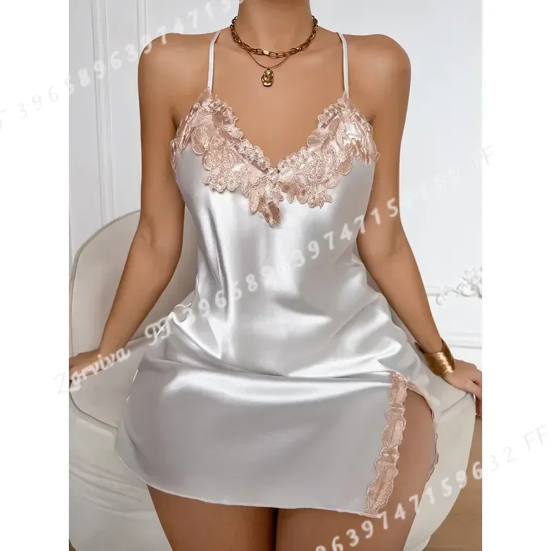 Women Lace Nightgown V Neck Side Slit Solid Night Dress Elegant Romantic Ladies Sleepwear Thin Loungewear