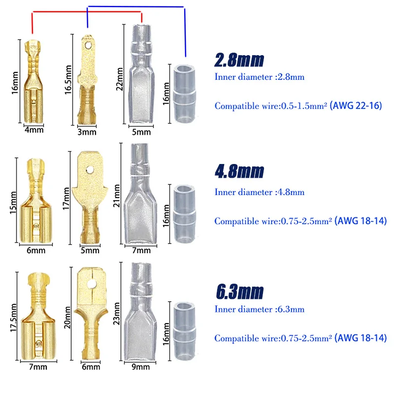 200 szt. Miedzianych złączek zaciskowych żeńskich i męskich do kabli głośnikowych samochodowych, złącza flagowe 2.8/4.8/6.3mm z osłoną. — zdjęcie 7