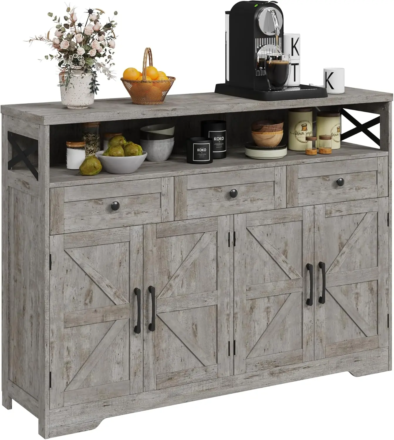 Farmhouse Buffet Cabinet with Drawers & Barn Doors, Sideboard with Storage, Kitchen Pantry Cabinet Hutch, Coffee Bar Station Cab