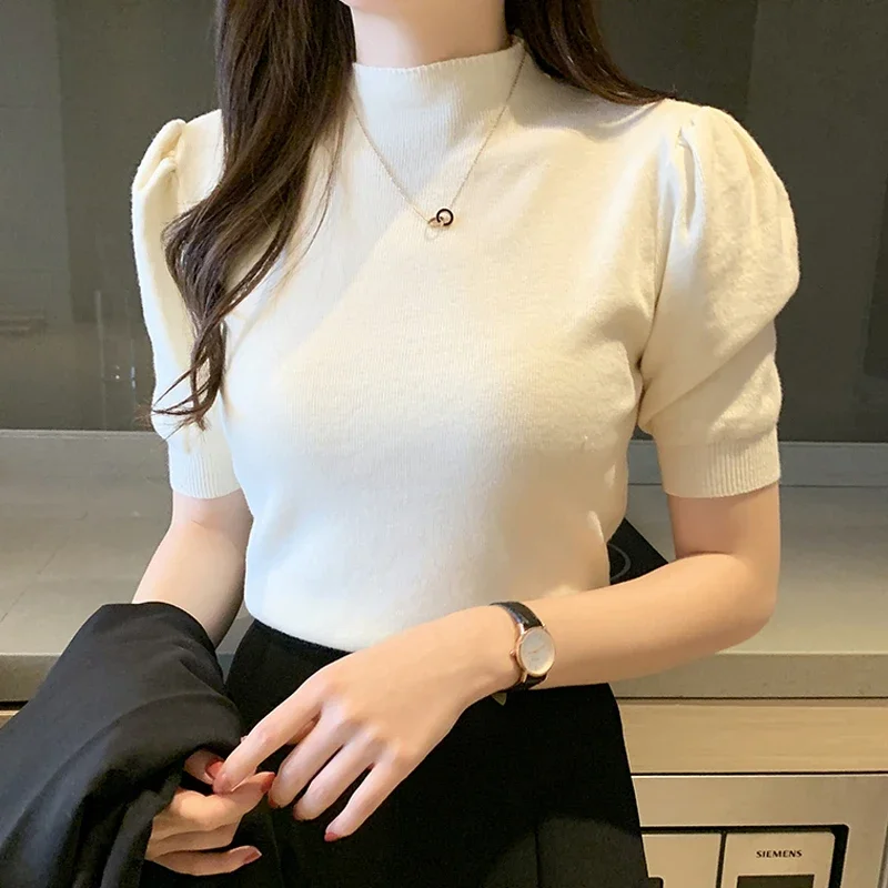 Blusas Mujer De Moda 2023 Verano Short Sleeve White Knitted Sweater Women Pullovers Women Tops Knit Women Sweater Sweaters G03