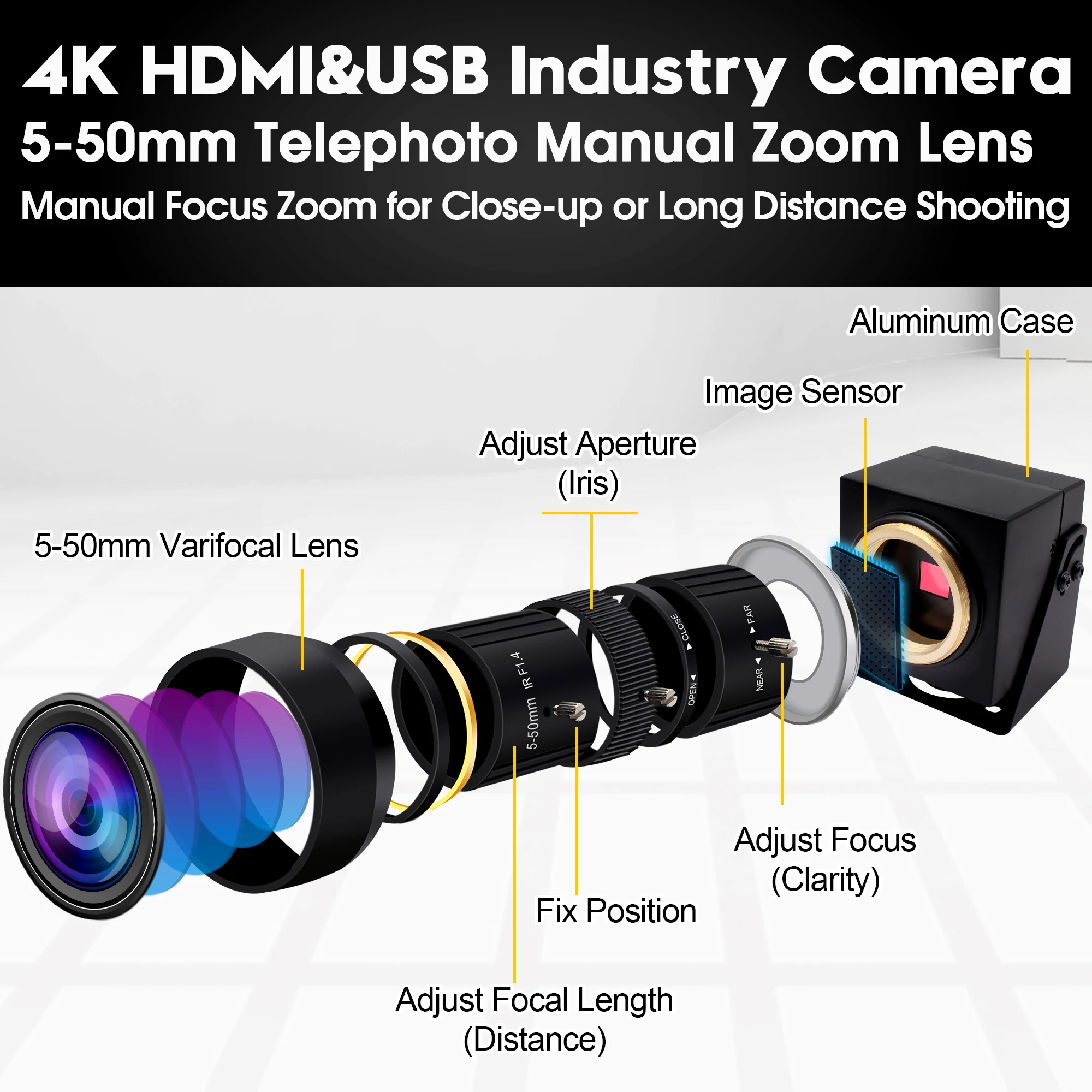 ELP HDMI USB Camera 4K 3840*2160 H.264 MJPEG YUYV Industrial Digital USB Camera With 5-50mm Varifocus Zoom lens