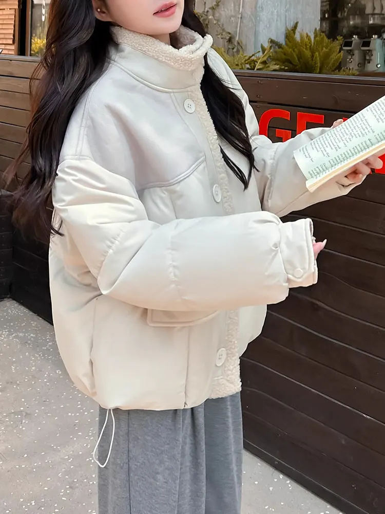 

Новая женская утепленная куртка из хлопка с вставками из овечьего меха, свободного кроя, осенне-зимняя, универсальная верхняя одежда