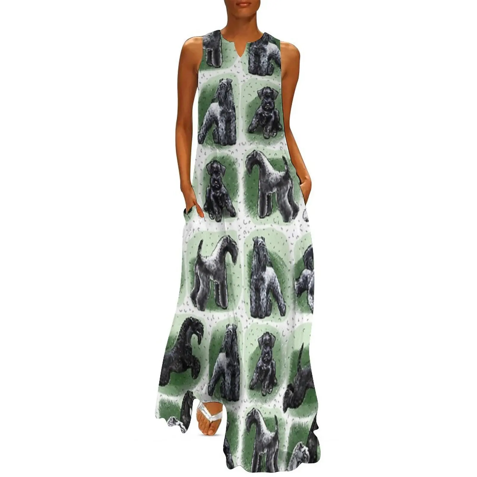 

kerry blue terrier drawing pattern dog blue terrier breed on a green background Long Dress dresses for prom Female clothing