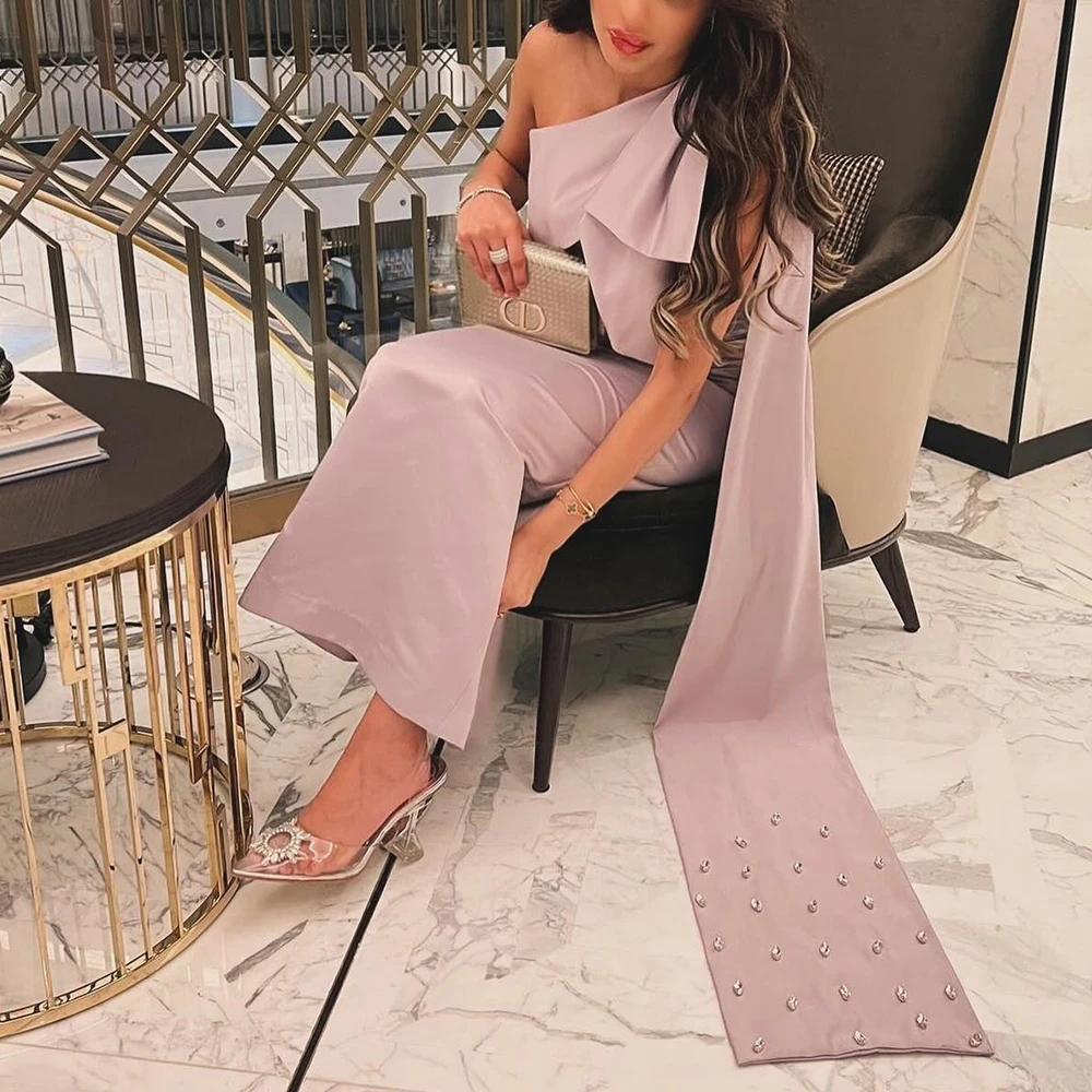 カスタマイズされた絶妙なクリスタルワンショルダーサテンイブニングドレスファッションノースリーブストレート足首丈オーダーメイドオケージョンドレス