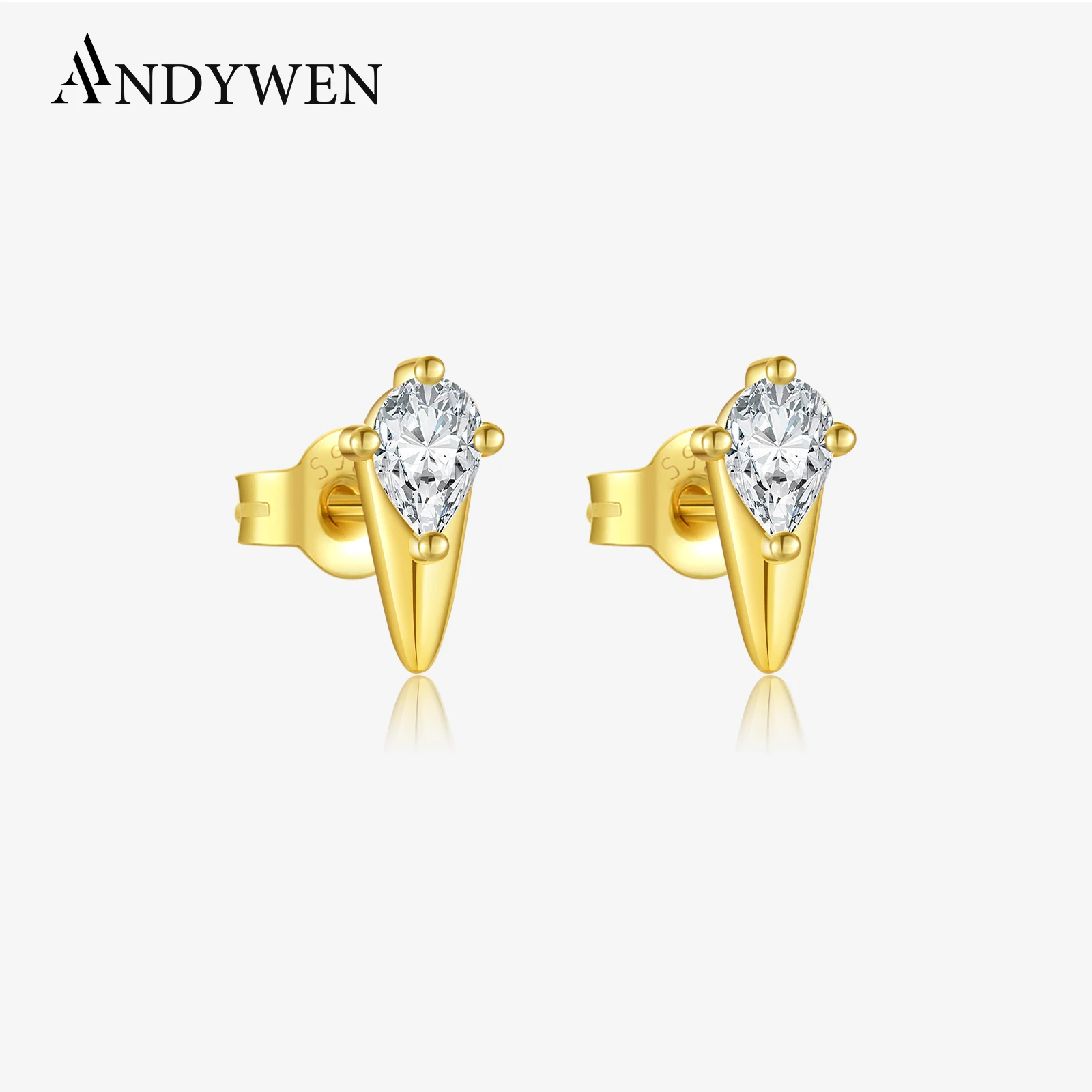 ANDYWEN 925 Sterling Silver Gold Pear Shape Zircon CZ Stud Earring Women Rock Punk Small Piercing Luxury Crystal Fine Jewelry