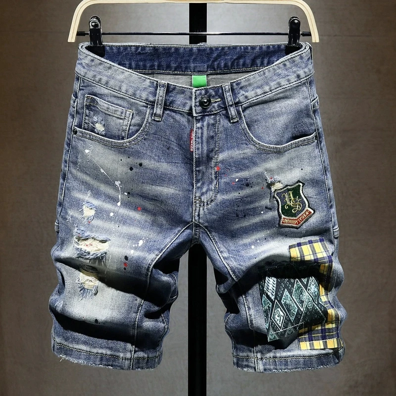 

Summer Fashion Designer Men Jeans Retro Blue Stretch Painted Ripped Short Jeans Men Patched Hip Hop Vintage Denim Shorts Hombre