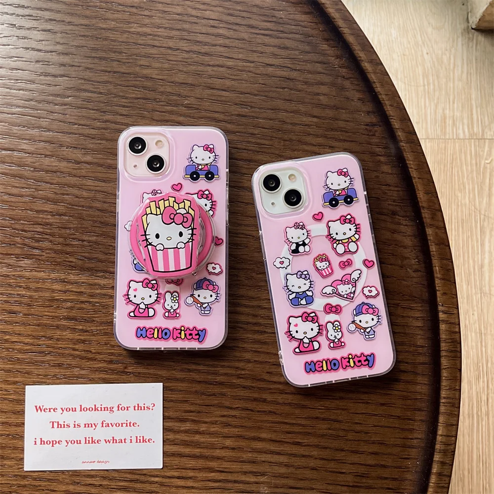

Cute Cartoon Love Wings Magnetic Phone Case for iPhone 14 Pro 15 13 16 Pro Max 17 Pro Max Cover With Hellokitty Stand Kawaii Cas