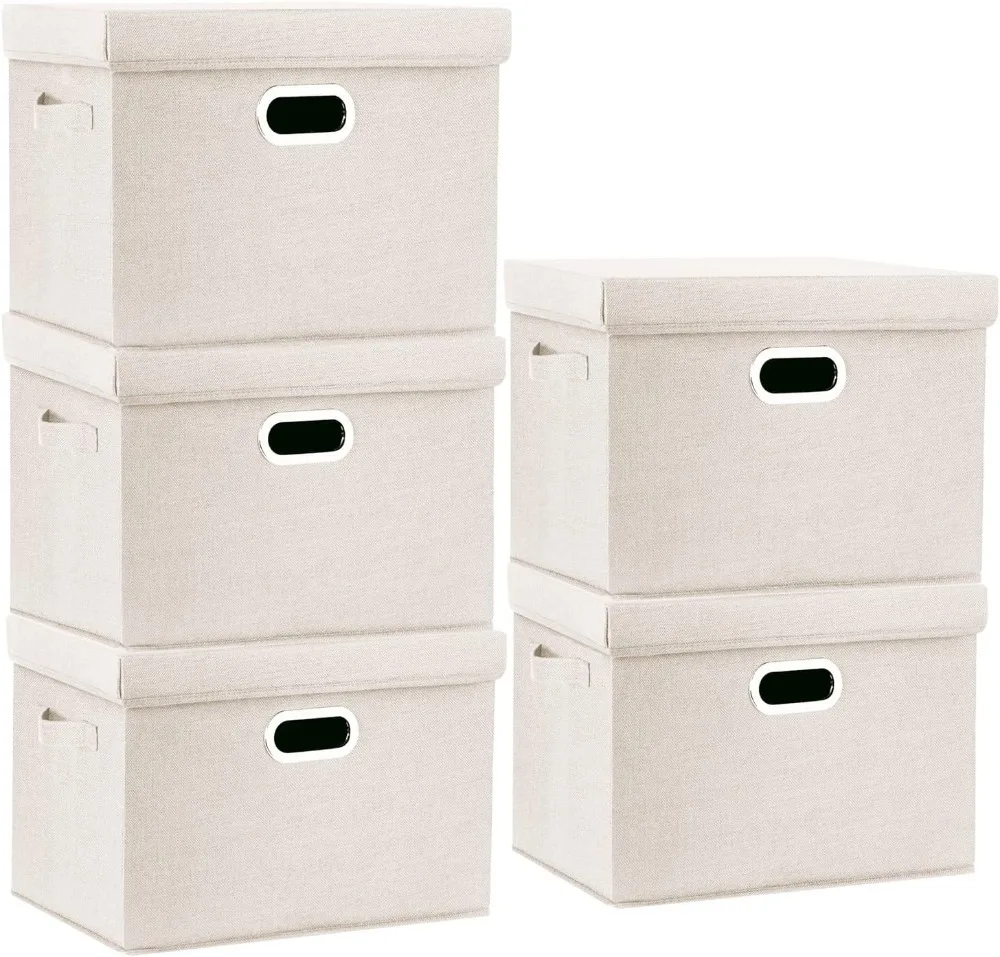 

Large Collapsible Storage Bins with Lids Clothes Storage Folding Box with Lids for Home Office Storage 5 Pack Beige