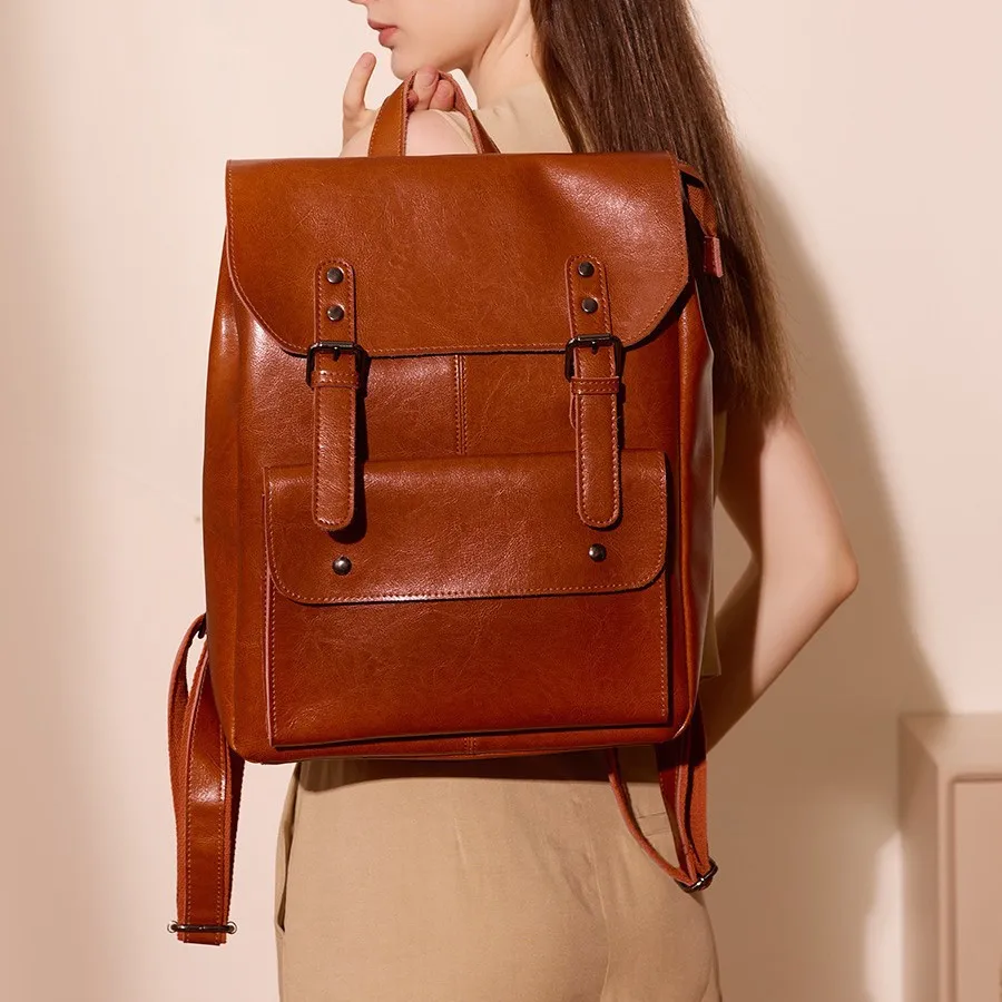 Women's Backpack Genuine Leather Wear-resistant Cowhide Laptop Bag 14 Inch Large Capacity Vintage Bag Unisex Leather Bag