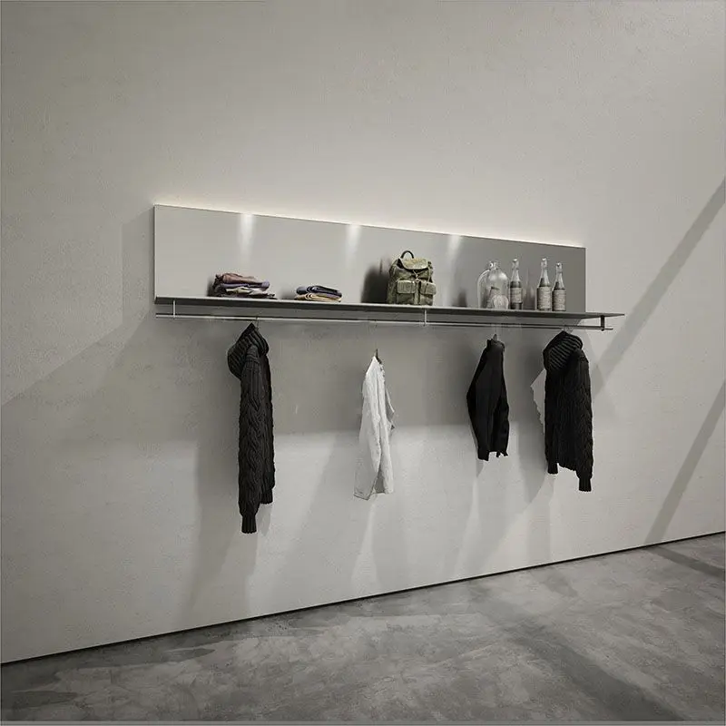 custom，Shopping Mall Clothing Store On The Wall Shelf With Hanging Rod Clothing Display Shelf Hanger