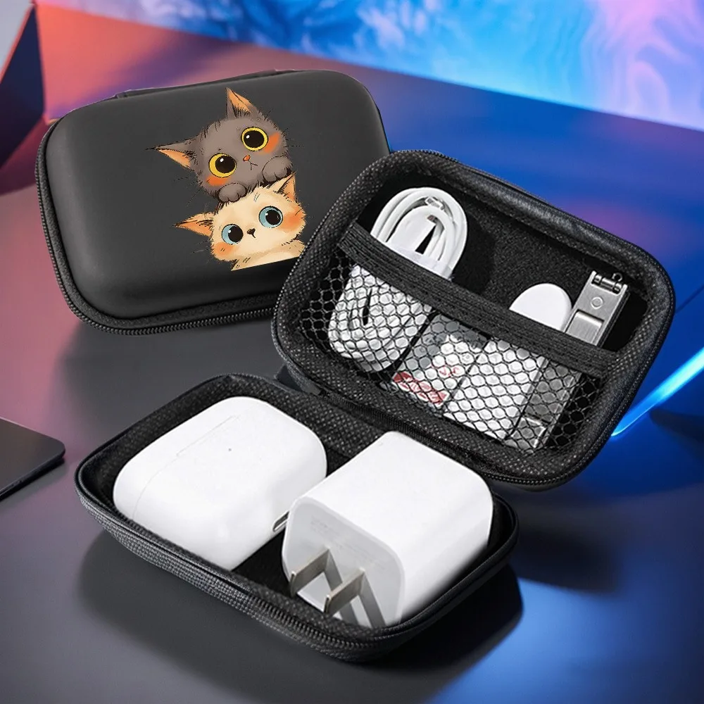 Two Cute Cat Patterns Portable Card Storage Bag,Data Cable Bag,Shockproof Headphone Storage Bag,EVA Protective Case for Travel