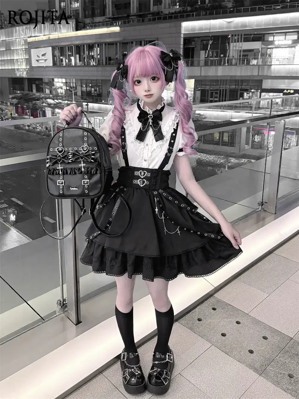 Gothic Lolita PU Leather Backpack Bow Cross Metal Charms Ruffle Trim Adjustable Strap Women Daily Bag