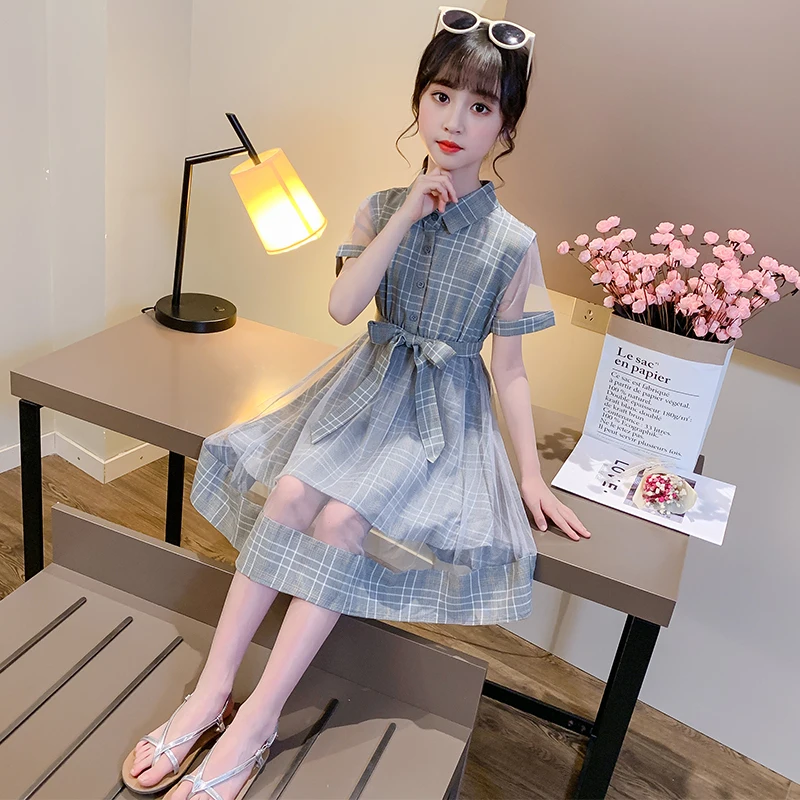 Plaid summer girls dress 2022 factory new mesh stitching children's long skirt cheap brand design short sleeve preppy style