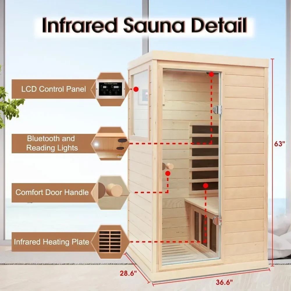 Sauna na podczerwień, Sauna na podczerwień dla domu na 1 osoby, z sauna wewnętrzna o mocy 1050 W, 2 głośniki Bluetooth, 1 lampka do czytania LED Sauna Room