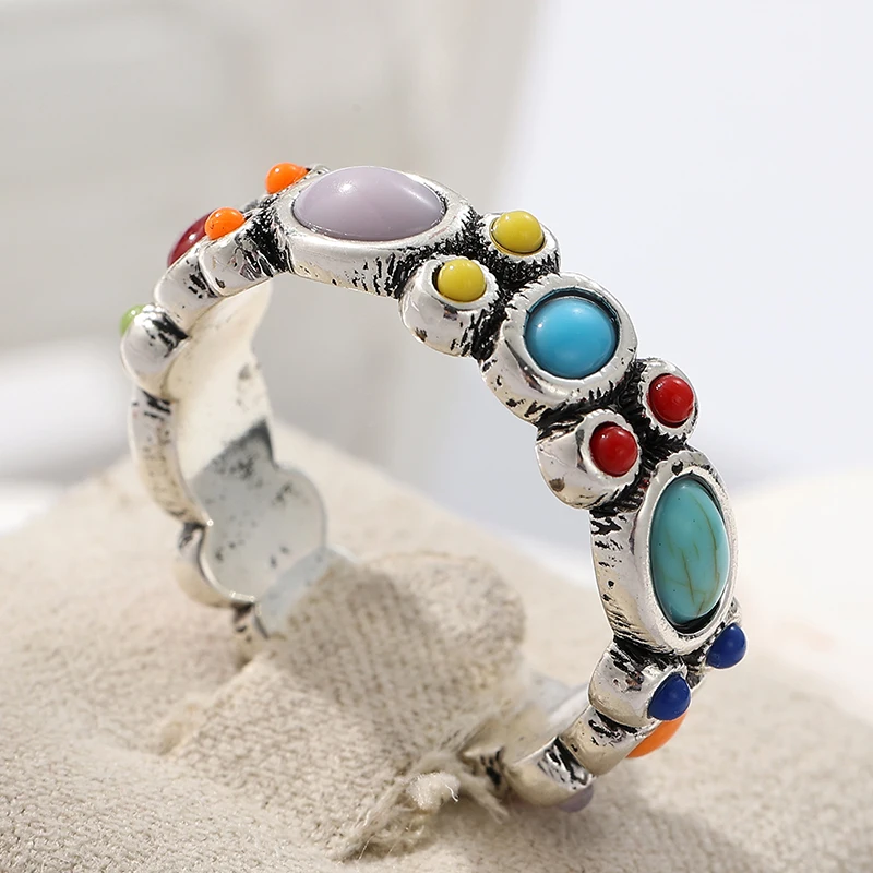 Vintage-Ring für Damen mit mehrfarbigen eingelegten Steinen, ethnische Silberfarbe, geometrisch, für den täglichen Gebrauch, Partyschmuck, Jubiläumsgeschenk – Detail 3