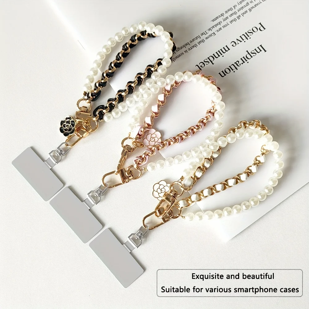 

Ремешок для смартфона ручной работы из жемчужной кожи и металла, стильный, с защитой от потери, подходит для различных смартфонов.