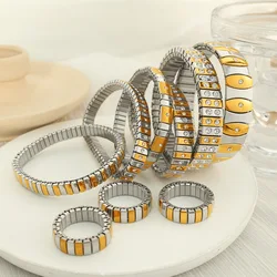 Punk Rock Bicycle Chain Bangle Stainless Steel Gold&silver Mix Color Rings Zircon Elastic Rope Adjustable Bracelet for Women Men