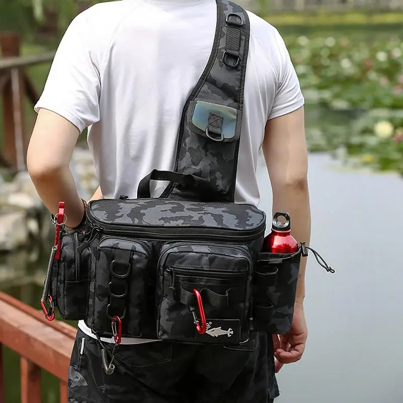 Fishing Waist Pack Sling Bag Lures Gear Tackle Storage Rod Holder Water-Resistant Cross Body Pouch Fly Fishing Bag Lightweight