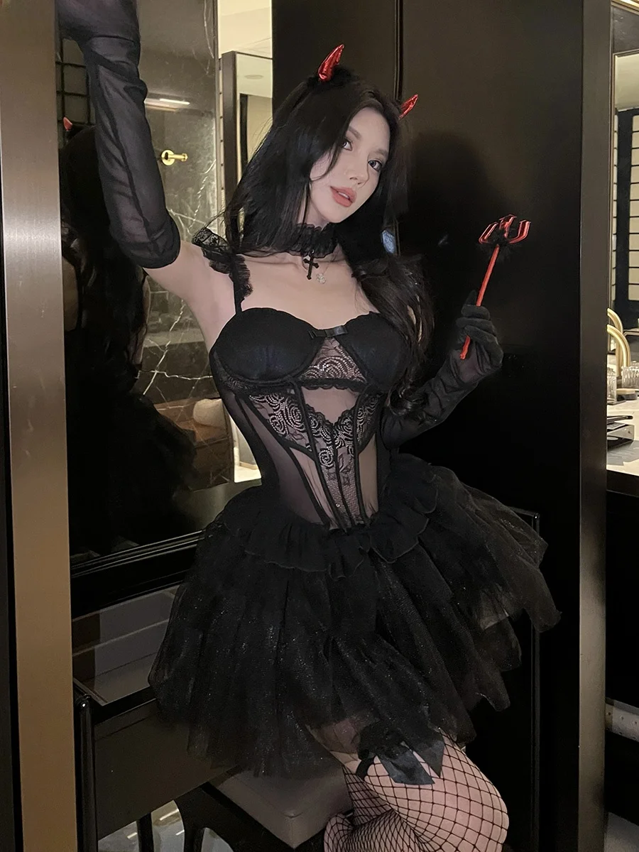 

Sexy Halloween Lace See-through Night Club Queen Uniform Set Large Size Cosplay Costume Half Skirt Vest Outfit Underwear