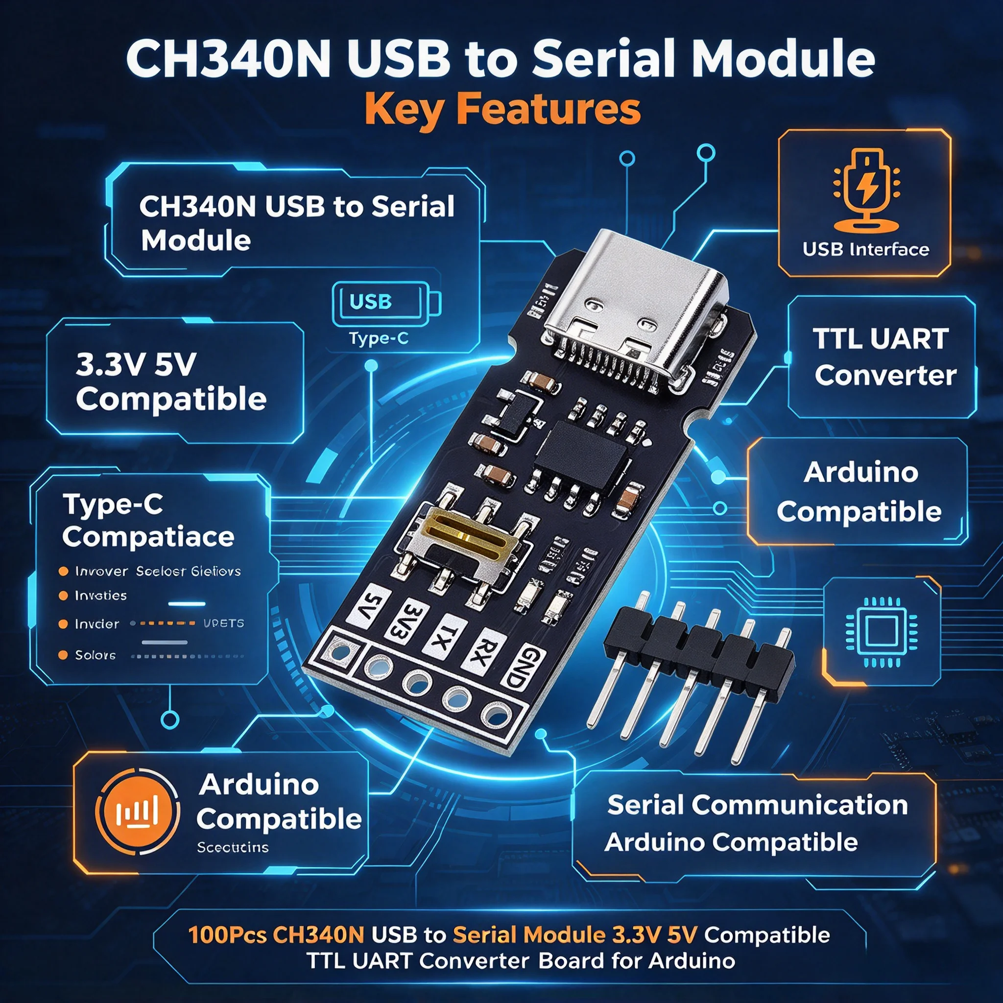 100Pcs CH340N USB to Serial Module 3.3V 5V Compatible TTL UART Converter Board for Arduino