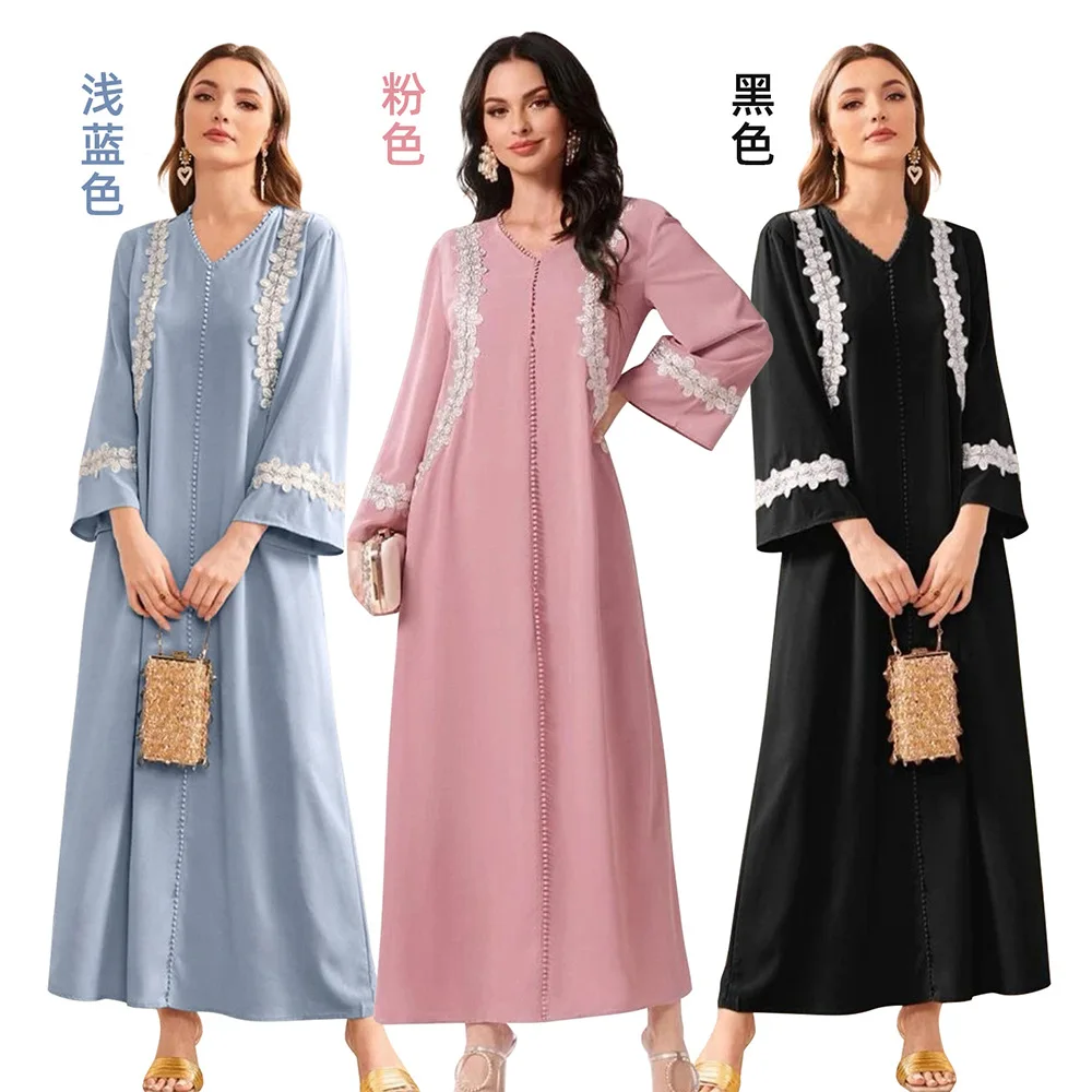 

Lace Applique Abaya Muslim Solid Color Dress Long Robe Moroccan Kaftan Elegant Casual V-neck Gown Middle East Women's Clothing