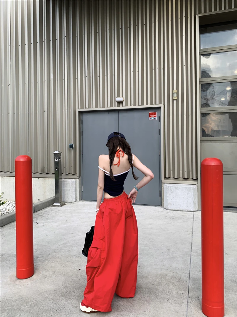 Y2K 레드 카고 바지 여성 하라주쿠 헐렁한 스웨트 팬츠 streetwear 와이드 레그 조깅 갸루 한국 캐주얼 바지 Paratrooper Workwea