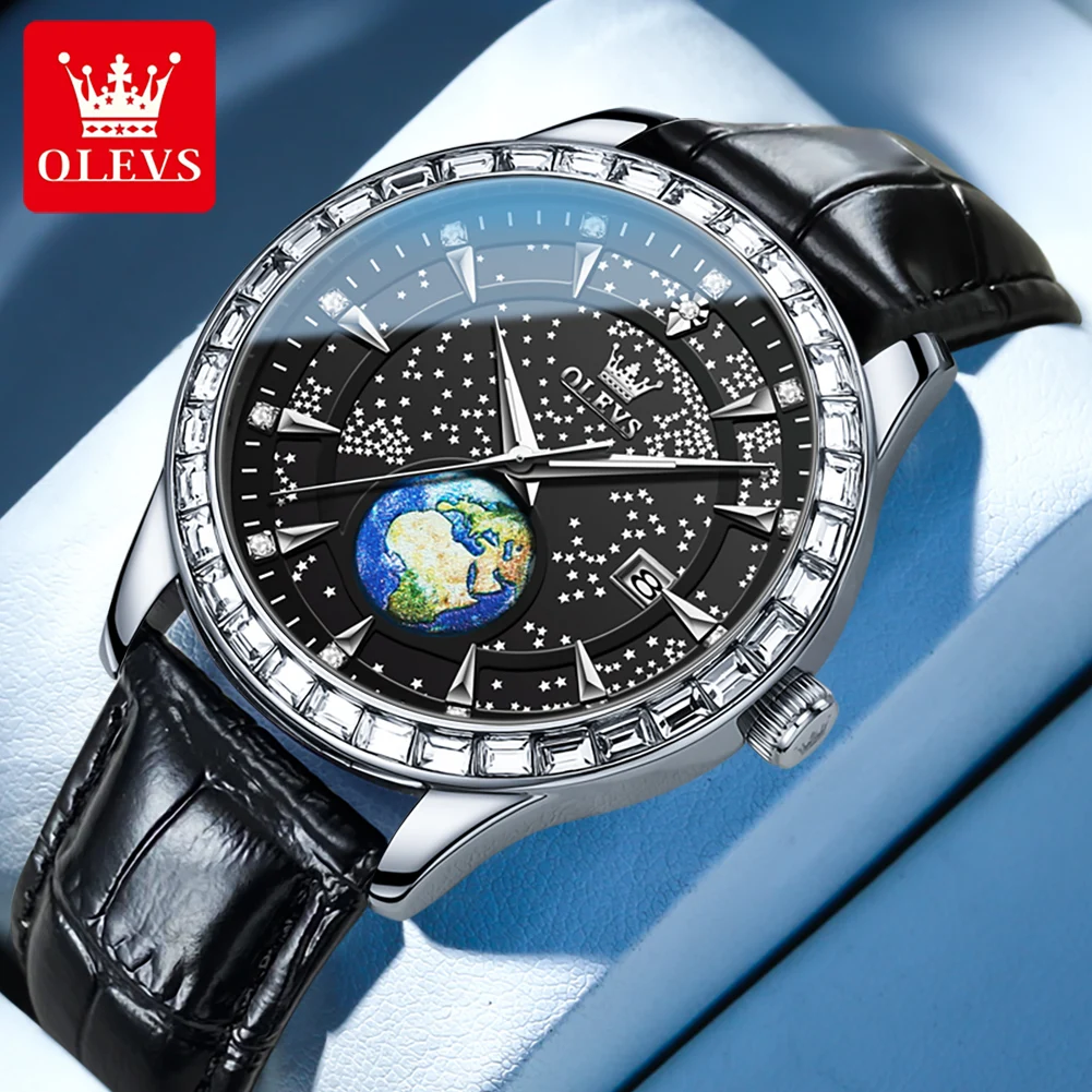 OLEVS Quartz Watch for Man Luxury Diamond Blue Leather Stainless steel Wristwatch Starry Sky Globe Luminous Dial Men\'s Watch