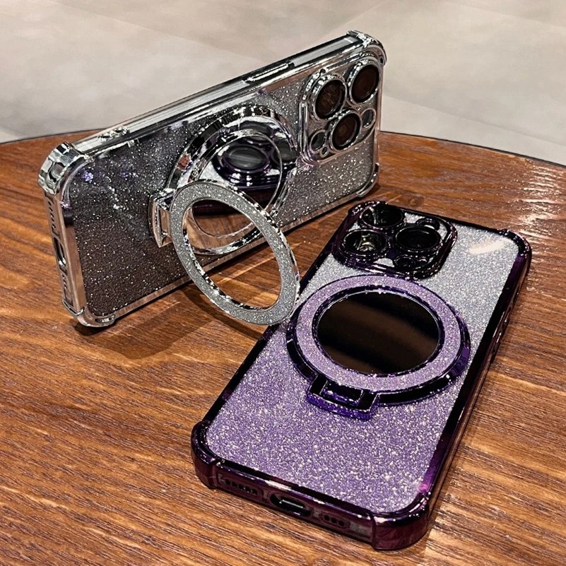 Airbag Case For iPhone 15 Pro Max Gradient Glitter Magsafe Mirror Cover For iPhone 14 Pro 13 12 11 Diamond Stand Holder Cover