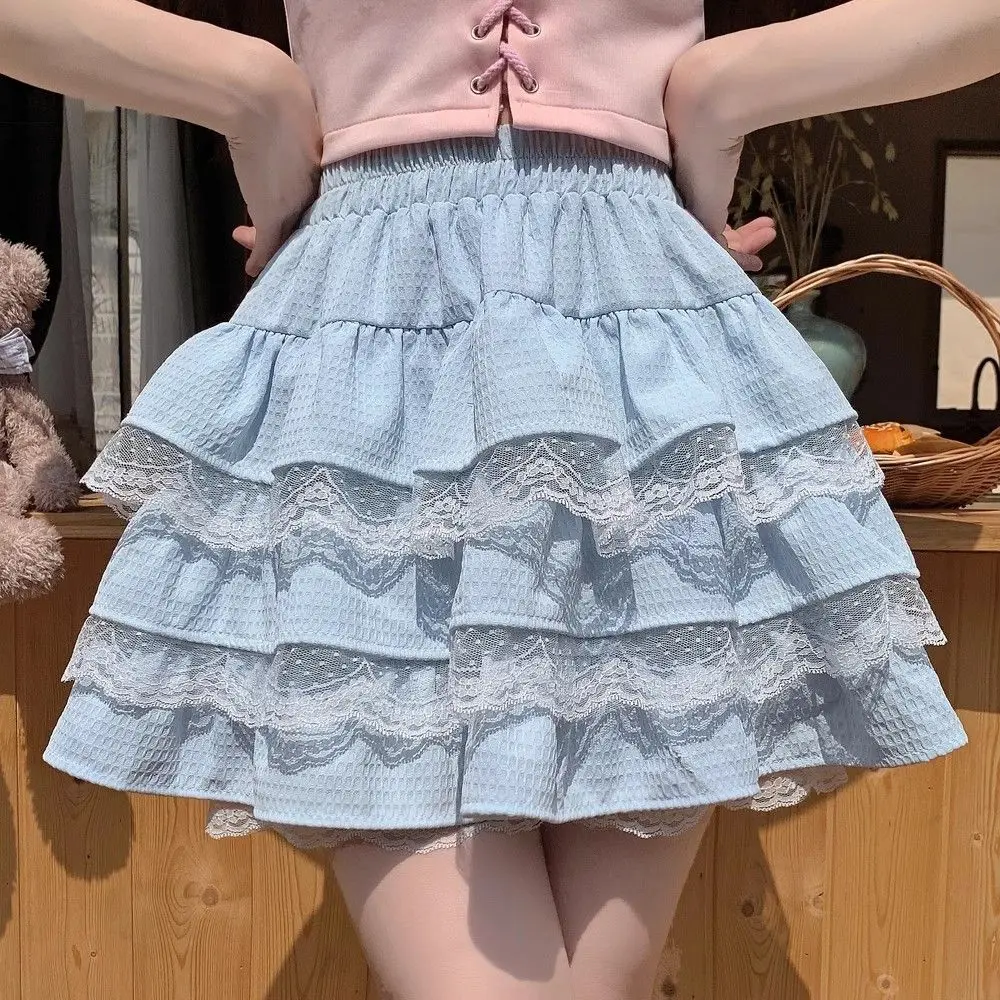 

Mini Skirt High Waist Lace Ruffles Japanese Sweet Lolita Blue Yellow A-Line Skirt Women'S Spring Summer Above Kawaii Knee Skirts