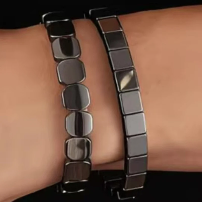 New Black Hematite Stones Elastic Square Bead Bracelets For Support T-Levels, Restore Confidence, Nhance Mental Clarity & Focus