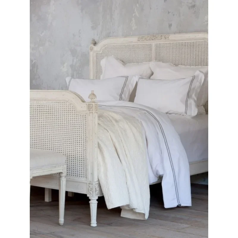 

French retro solid wood rattan bed, American rural pastoral master bedroom white old bed 1.8 meters