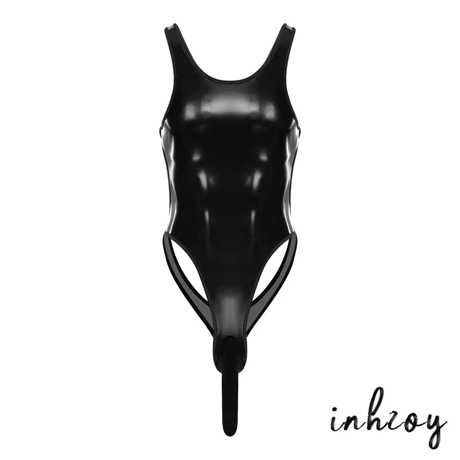

Men Glossy PU Bodysuit Lingerie Crew Neck/Mock Neck Sleeveless Sheath Pouch Bodycon Leotard Jumpsuit for Crossdressing Nightclub