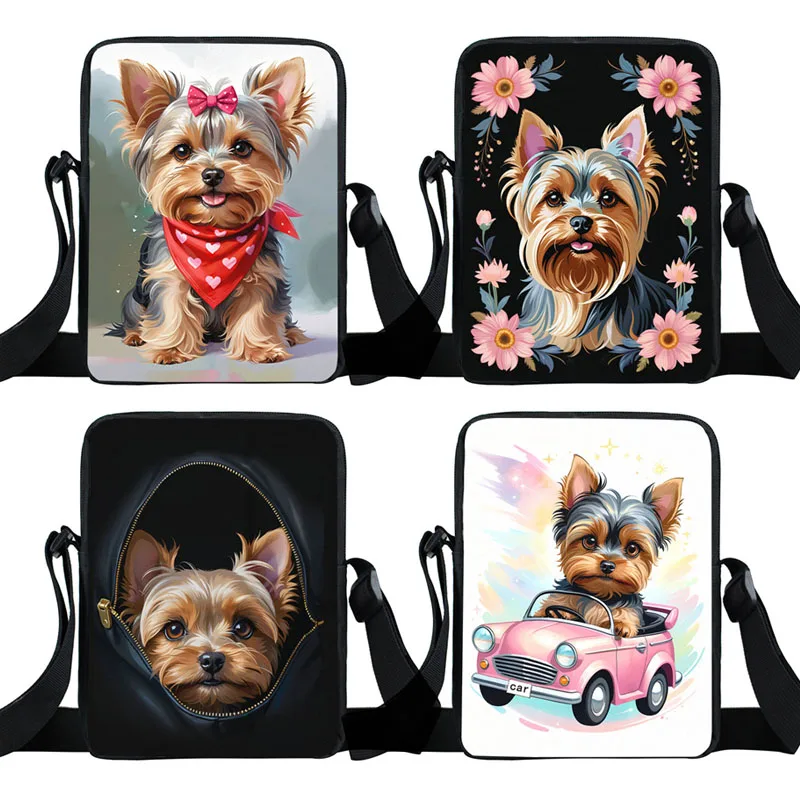 Cute Yorkshire Terrier Crossbody Bag Flowers Puppy Dog Women Handbag Shoulder Bags Portable Storage Bags Phone Holder Bookbag