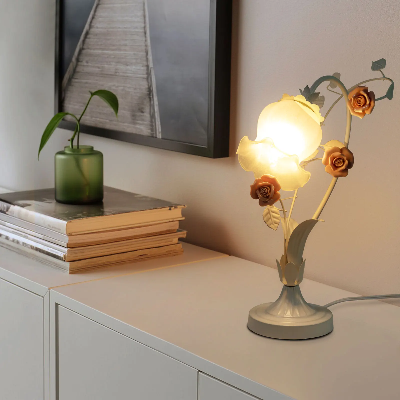 

Pink & White Modern Floral Ceramic Table Lamp, Hand‑Blown Glass Shade Swan Neck Design With Realistic Rose Decor