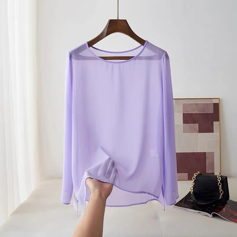 Camisa de chiffon leve para mulheres, primavera/verão, cor vibrante, simples, elegante, transparente, tamanho grande.