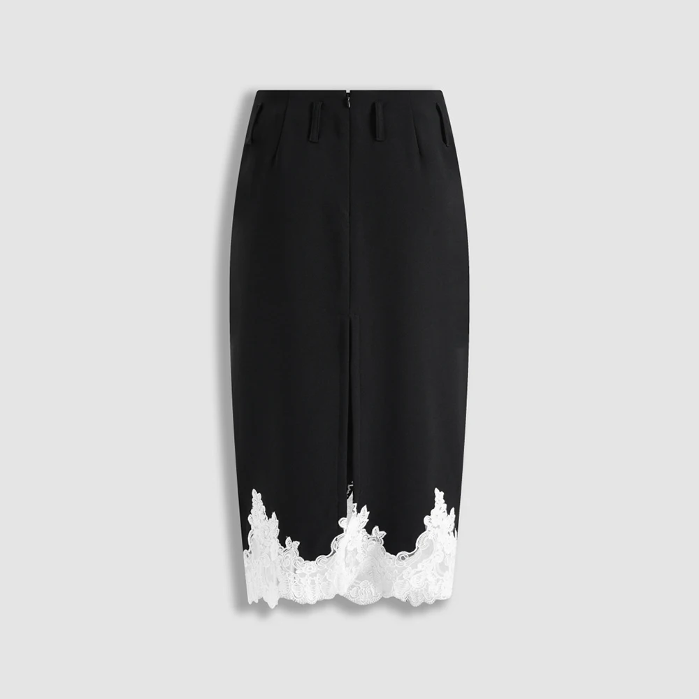 Women High Waist Acetate Blend Pencil Midi Skirt Floral Lace Scalloped Hem Splicing Bodycon Elegant Office Party Skirts