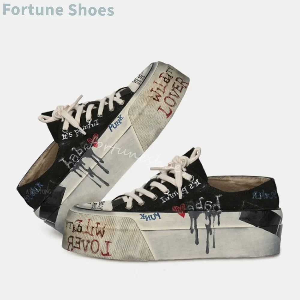 

Distressed Graffiti Canvas Shoes Women Thick Sole Round Toe Cross Strap Platform Casual Sneakers Fashion Cool Girl Dirty Shoes