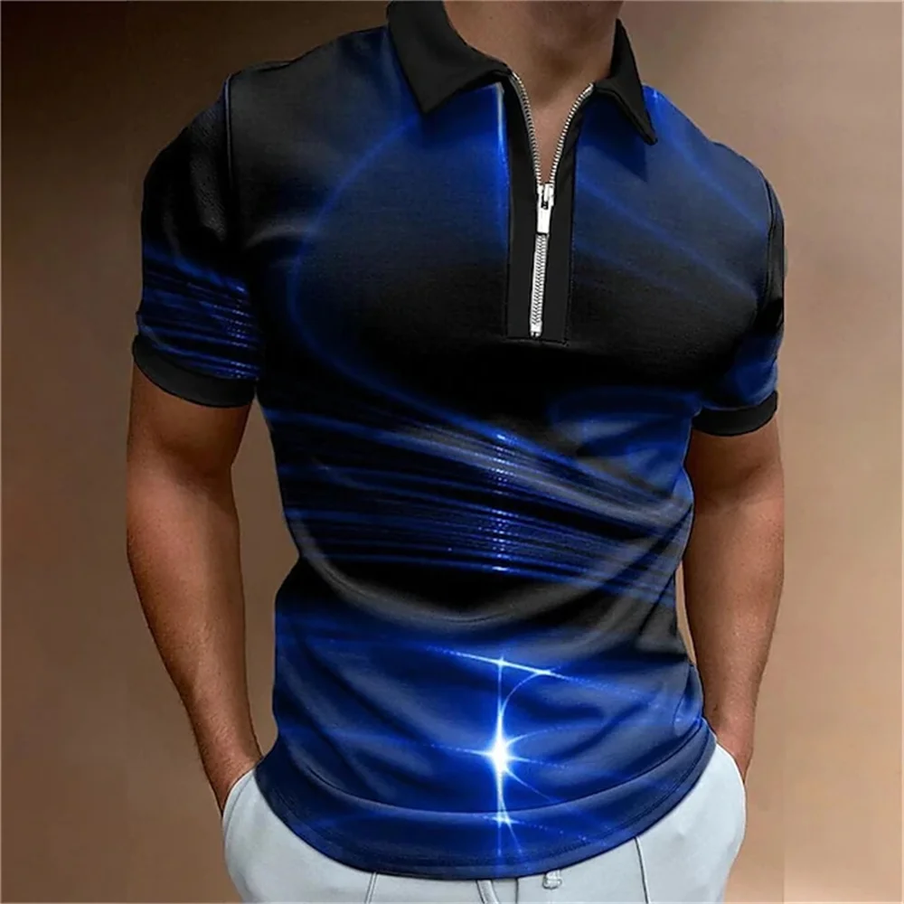 Fashion Men\'s Clothing Polo Shirts Casual Turn-Down Collar Zipper Golf Wear Ladder Print Short Sleeve Tee Shirt Men Polos Tops