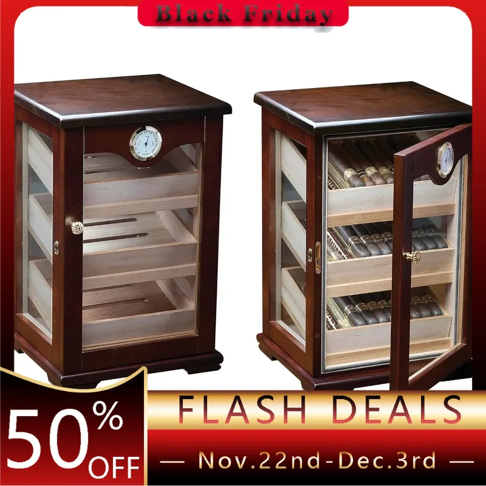 Milano Countertop Display Cigar Humidor With 4 Glass Sides & Angled Trays - Up to 125 Cigar Capacity - Finish: Dark Mahogony