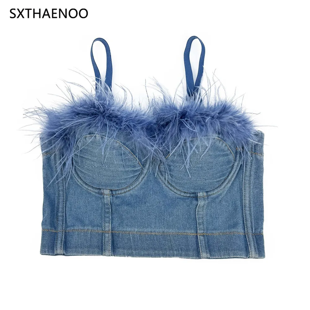 

SXTHAENOO 2024 Sexy Blue Denim and Feather Bustier Tank Push-up Bra Fishbone Camisole Underwire Corset Crop Top Women Lingerie