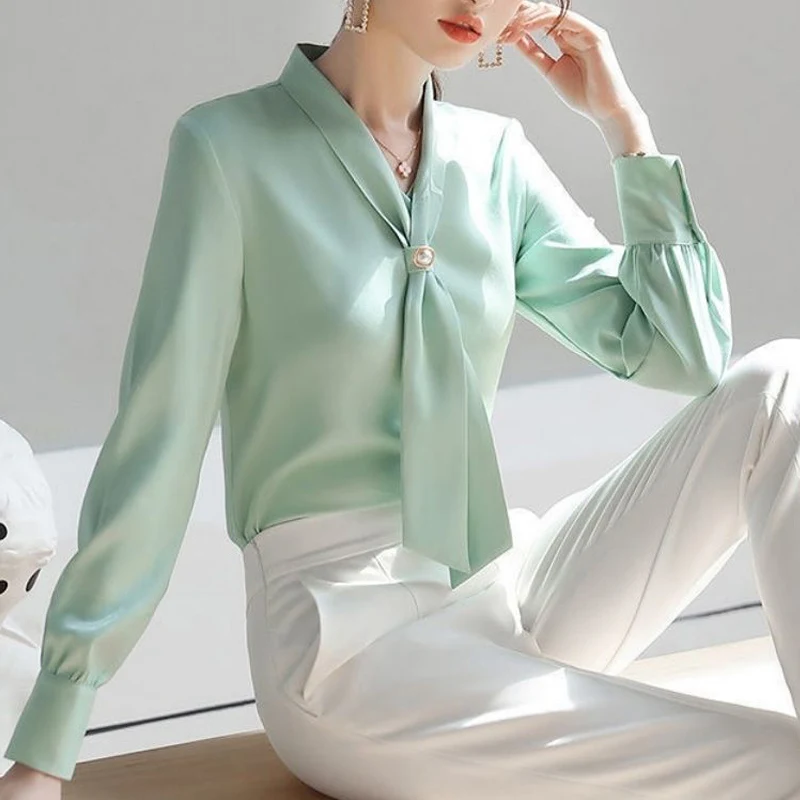 Green White Korean Elegant Office Lady Shirt Spring Autumn Women Bow Chic Temperament Long Sleeve Loose Blouse Tops Blusas Mujer