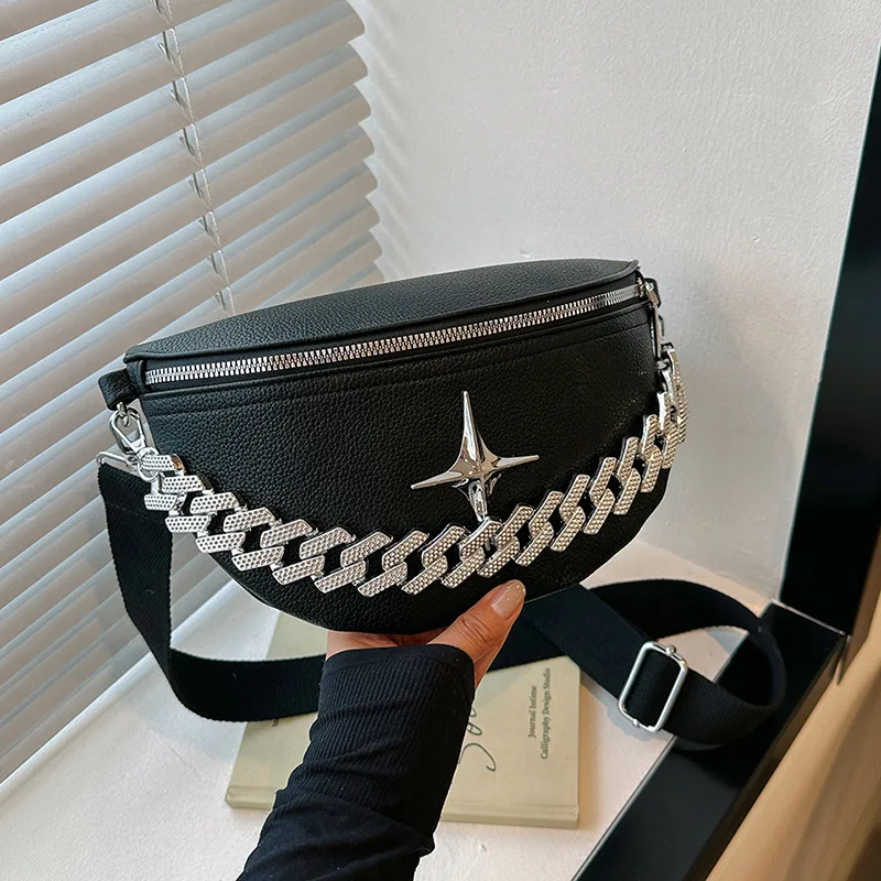 Women\'s Chest Bag Fashion Versatile Waist Bag Soft PU Leather Fanny Pack Street Trend Chain Half-moon Crossbody Bag Sling Bags