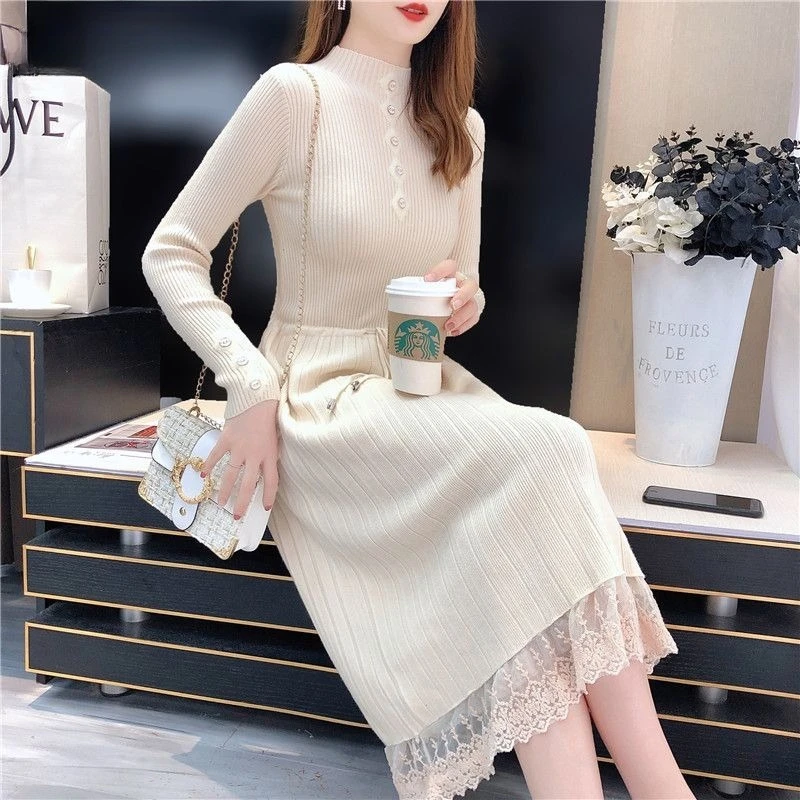 レーススプライシング女性用クロシェドレス、ウエストシェイプ韓国風服、プロモーション中、2025年ファッション原宿風女性ニットドレス